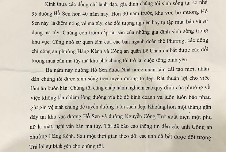 Người dân  thư cảm ơn Công an phường Hàng Kênh (quận Lê Chân)
